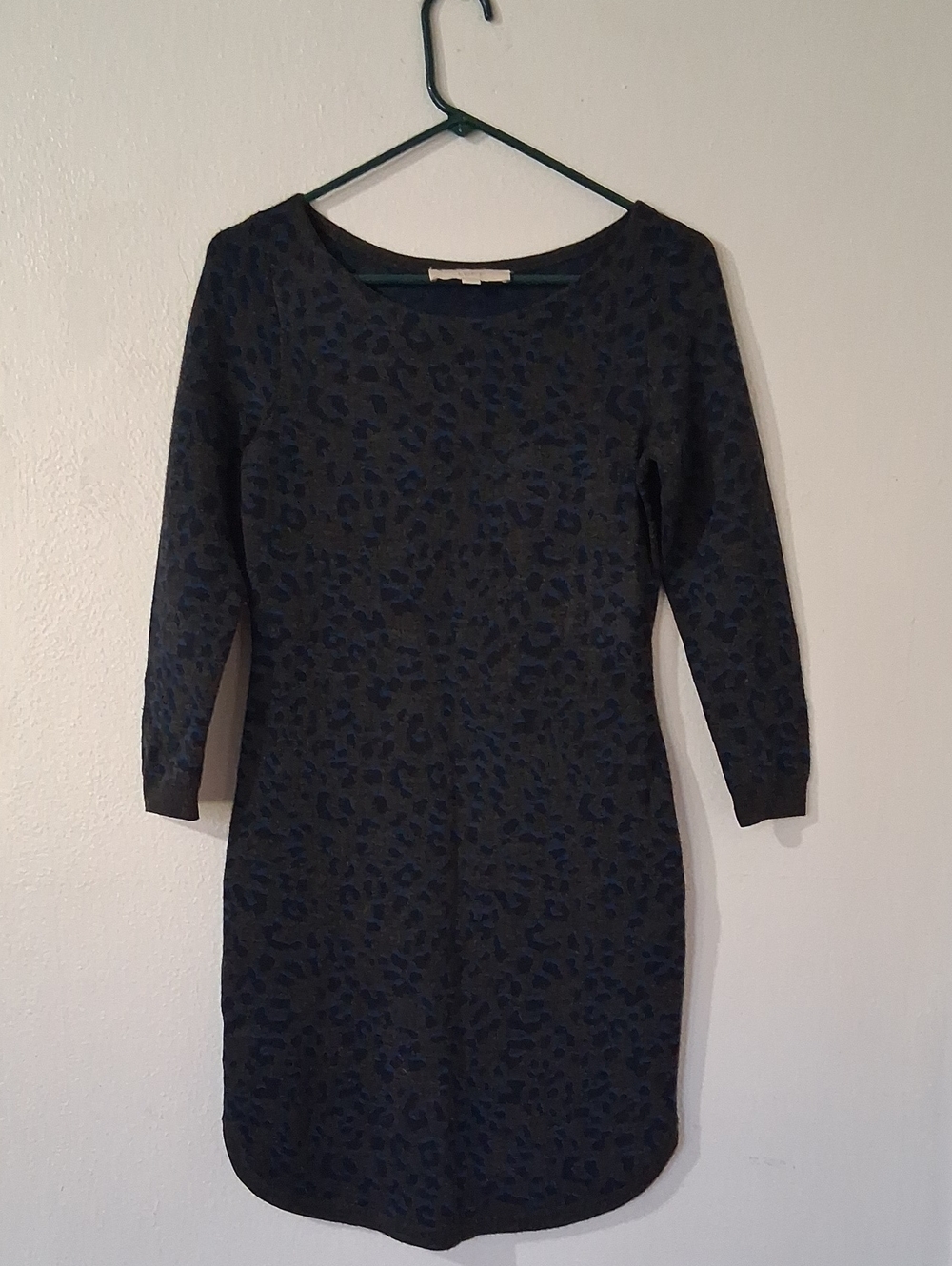 LOFT Blue and Grey Leopard Print Long Sleeve Knit Dress